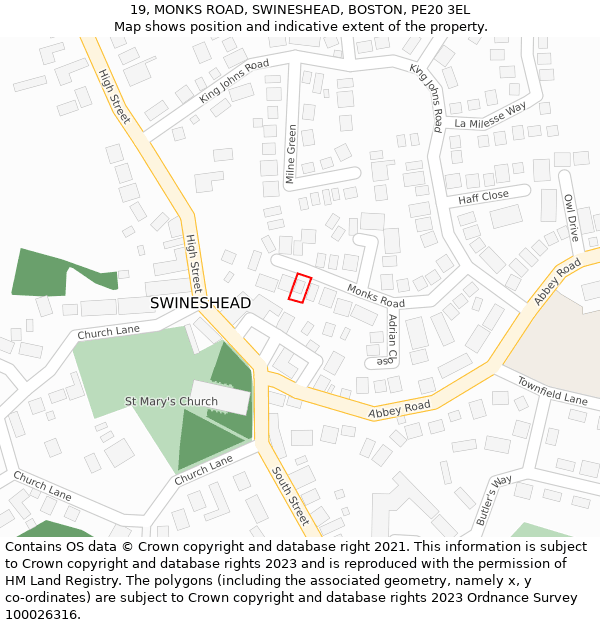 19, MONKS ROAD, SWINESHEAD, BOSTON, PE20 3EL: Location map and indicative extent of plot