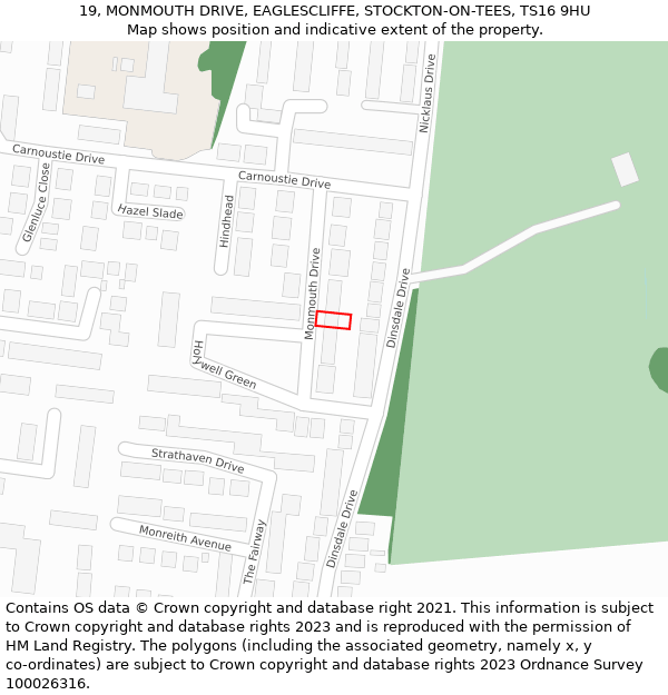 19, MONMOUTH DRIVE, EAGLESCLIFFE, STOCKTON-ON-TEES, TS16 9HU: Location map and indicative extent of plot