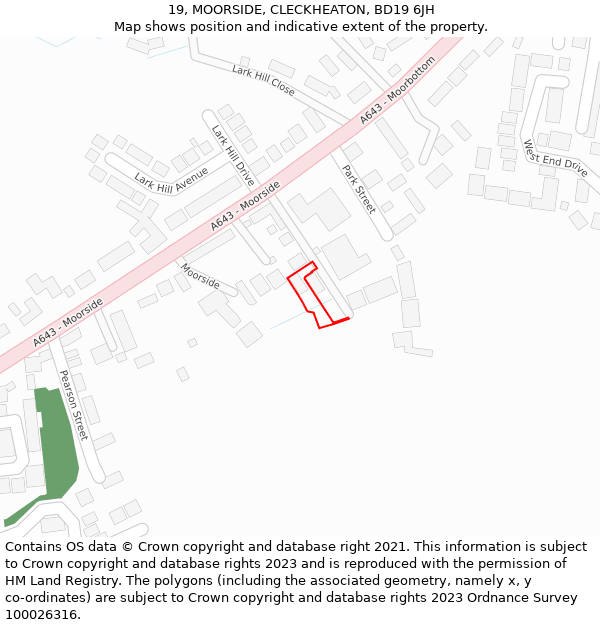 19, MOORSIDE, CLECKHEATON, BD19 6JH: Location map and indicative extent of plot