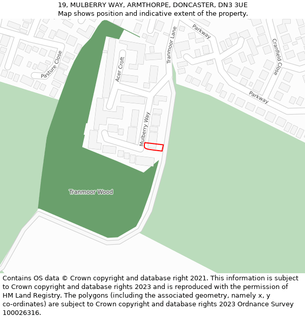 19, MULBERRY WAY, ARMTHORPE, DONCASTER, DN3 3UE: Location map and indicative extent of plot