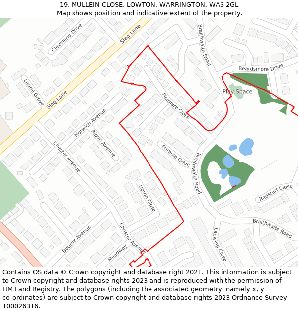 19, MULLEIN CLOSE, LOWTON, WARRINGTON, WA3 2GL: Location map and indicative extent of plot