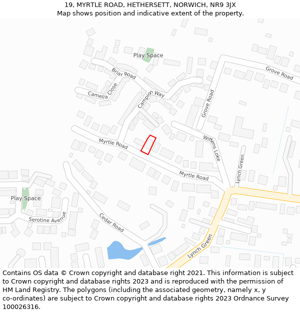 19, MYRTLE ROAD, HETHERSETT, NORWICH, NR9 3JX: Location map and indicative extent of plot