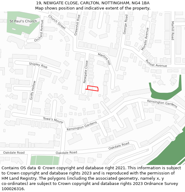 19, NEWGATE CLOSE, CARLTON, NOTTINGHAM, NG4 1BA: Location map and indicative extent of plot