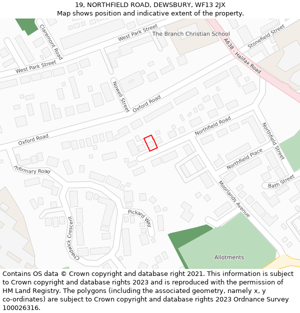 19, NORTHFIELD ROAD, DEWSBURY, WF13 2JX: Location map and indicative extent of plot
