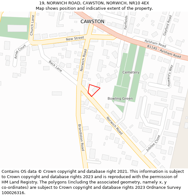 19, NORWICH ROAD, CAWSTON, NORWICH, NR10 4EX: Location map and indicative extent of plot