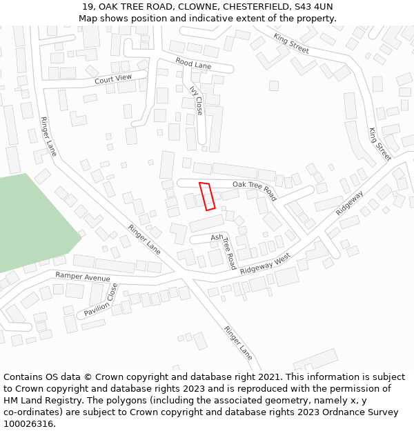 19, OAK TREE ROAD, CLOWNE, CHESTERFIELD, S43 4UN: Location map and indicative extent of plot