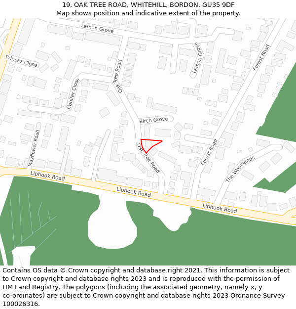 19, OAK TREE ROAD, WHITEHILL, BORDON, GU35 9DF: Location map and indicative extent of plot