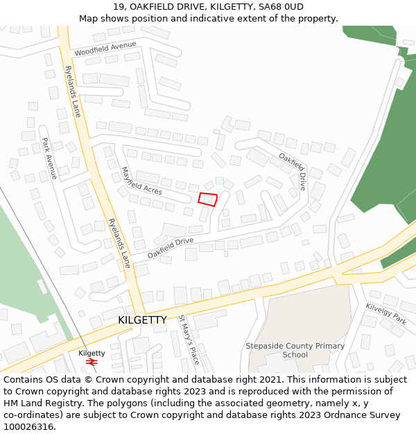 19, OAKFIELD DRIVE, KILGETTY, SA68 0UD: Location map and indicative extent of plot