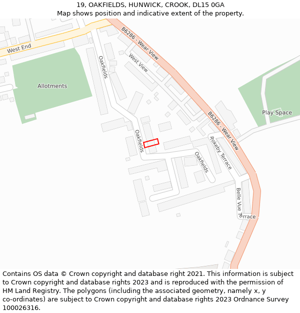 19, OAKFIELDS, HUNWICK, CROOK, DL15 0GA: Location map and indicative extent of plot