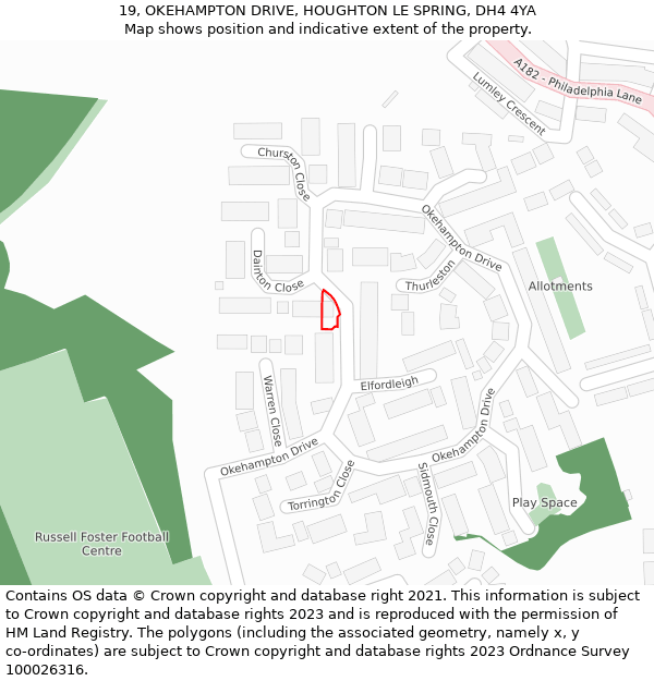 19, OKEHAMPTON DRIVE, HOUGHTON LE SPRING, DH4 4YA: Location map and indicative extent of plot