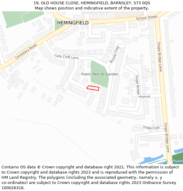 19, OLD HOUSE CLOSE, HEMINGFIELD, BARNSLEY, S73 0QS: Location map and indicative extent of plot