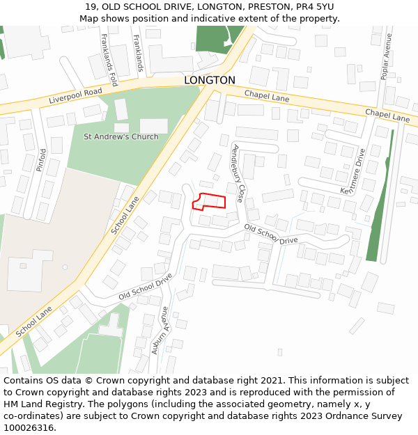 19, OLD SCHOOL DRIVE, LONGTON, PRESTON, PR4 5YU: Location map and indicative extent of plot