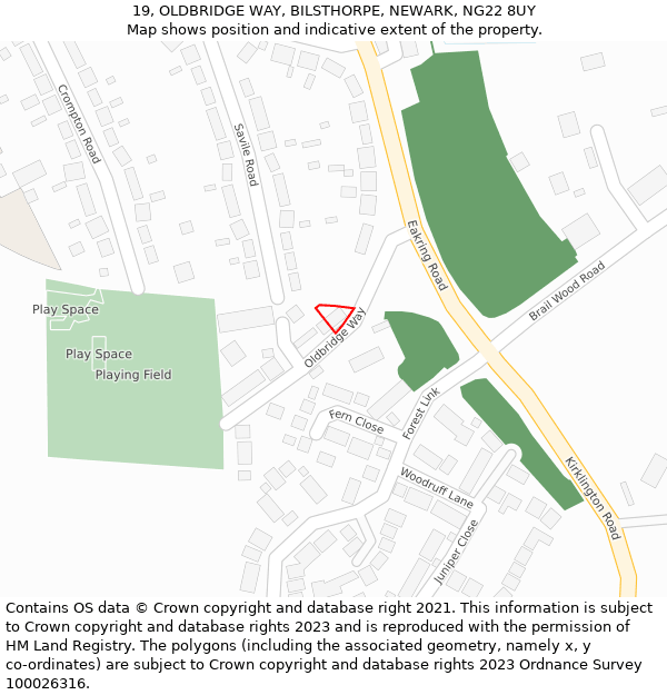 19, OLDBRIDGE WAY, BILSTHORPE, NEWARK, NG22 8UY: Location map and indicative extent of plot