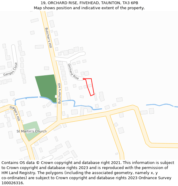 19, ORCHARD RISE, FIVEHEAD, TAUNTON, TA3 6PB: Location map and indicative extent of plot