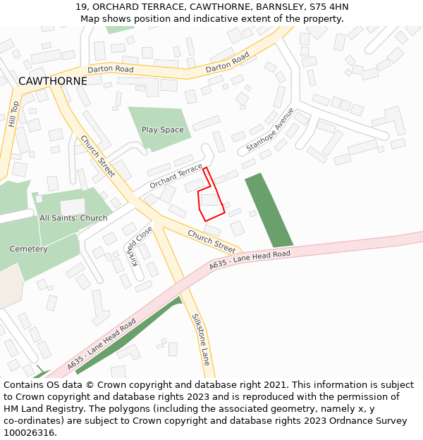 19, ORCHARD TERRACE, CAWTHORNE, BARNSLEY, S75 4HN: Location map and indicative extent of plot