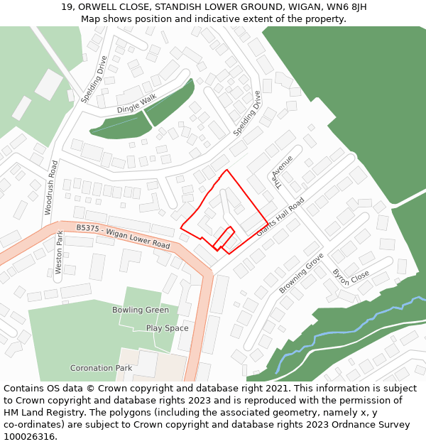 19, ORWELL CLOSE, STANDISH LOWER GROUND, WIGAN, WN6 8JH: Location map and indicative extent of plot