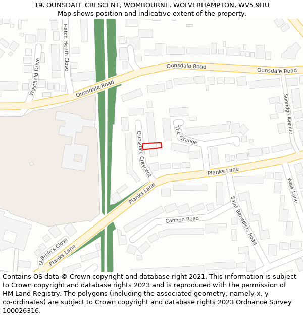19, OUNSDALE CRESCENT, WOMBOURNE, WOLVERHAMPTON, WV5 9HU: Location map and indicative extent of plot