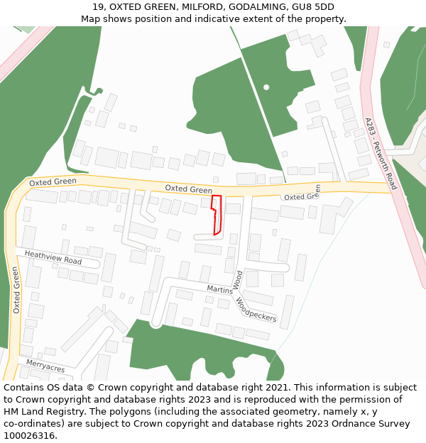 19, OXTED GREEN, MILFORD, GODALMING, GU8 5DD: Location map and indicative extent of plot