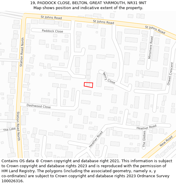 19, PADDOCK CLOSE, BELTON, GREAT YARMOUTH, NR31 9NT: Location map and indicative extent of plot