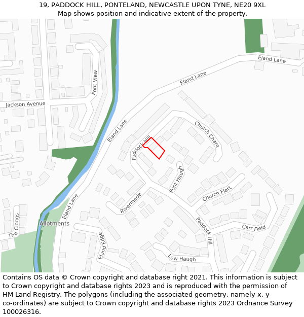 19, PADDOCK HILL, PONTELAND, NEWCASTLE UPON TYNE, NE20 9XL: Location map and indicative extent of plot