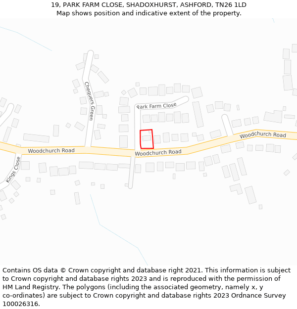 19, PARK FARM CLOSE, SHADOXHURST, ASHFORD, TN26 1LD: Location map and indicative extent of plot