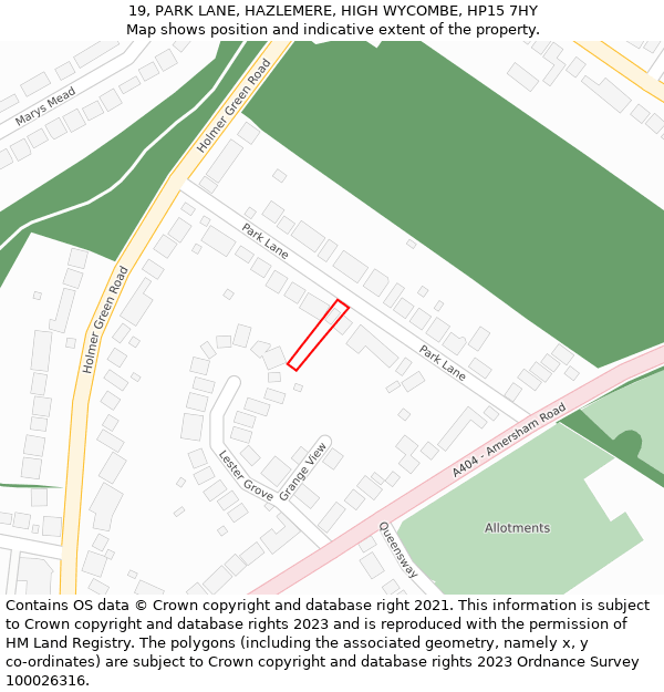 19, PARK LANE, HAZLEMERE, HIGH WYCOMBE, HP15 7HY: Location map and indicative extent of plot