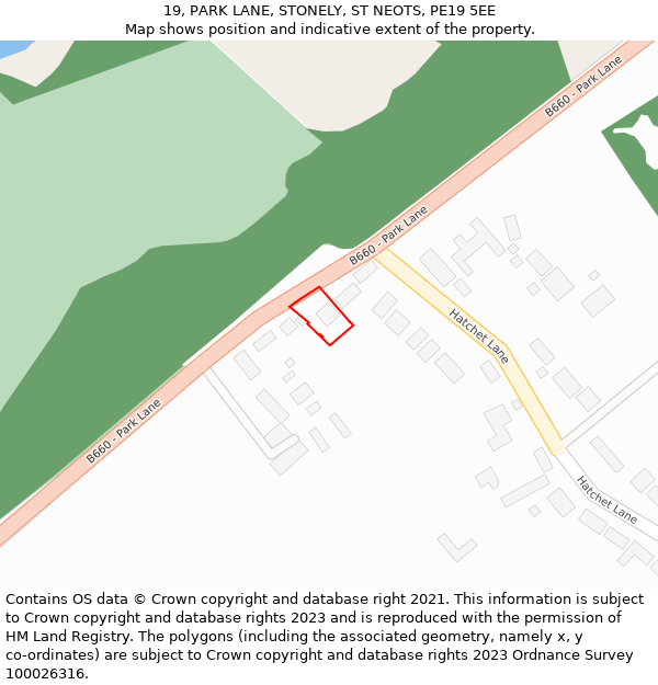 19, PARK LANE, STONELY, ST NEOTS, PE19 5EE: Location map and indicative extent of plot