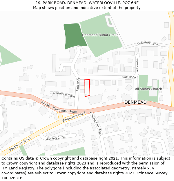 19, PARK ROAD, DENMEAD, WATERLOOVILLE, PO7 6NE: Location map and indicative extent of plot