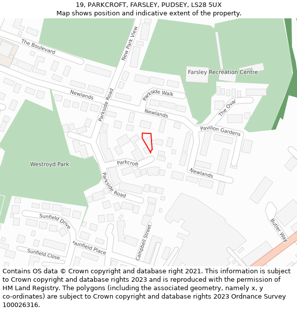 19, PARKCROFT, FARSLEY, PUDSEY, LS28 5UX: Location map and indicative extent of plot