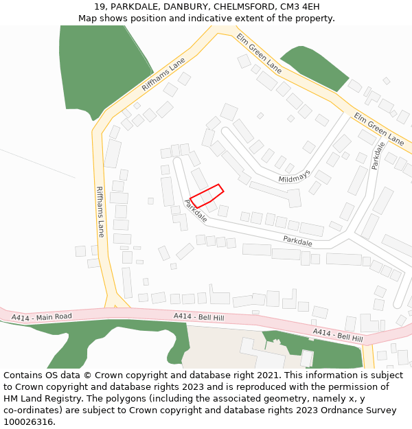 19, PARKDALE, DANBURY, CHELMSFORD, CM3 4EH: Location map and indicative extent of plot