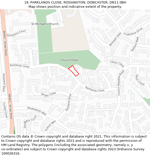 19, PARKLANDS CLOSE, ROSSINGTON, DONCASTER, DN11 0BH: Location map and indicative extent of plot