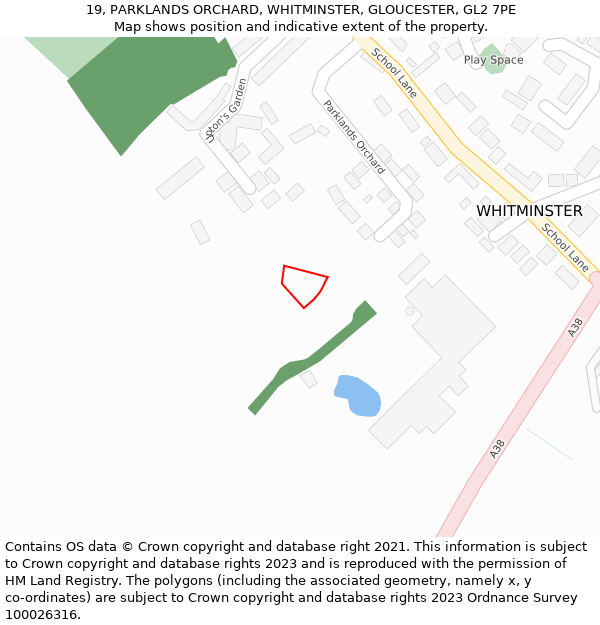 19, PARKLANDS ORCHARD, WHITMINSTER, GLOUCESTER, GL2 7PE: Location map and indicative extent of plot