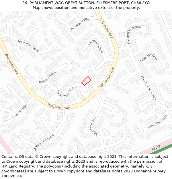 19, PARLIAMENT WAY, GREAT SUTTON, ELLESMERE PORT, CH66 2YQ: Location map and indicative extent of plot