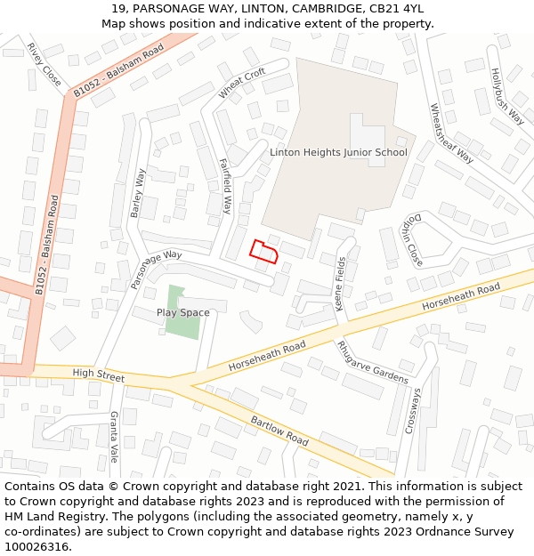 19, PARSONAGE WAY, LINTON, CAMBRIDGE, CB21 4YL: Location map and indicative extent of plot