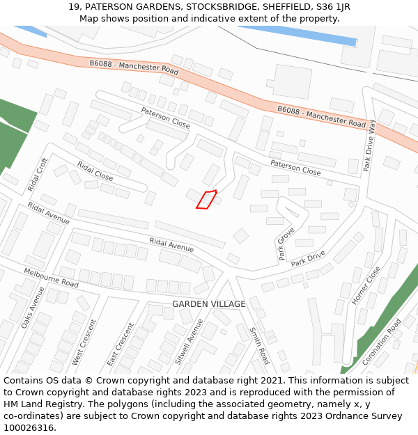 19, PATERSON GARDENS, STOCKSBRIDGE, SHEFFIELD, S36 1JR: Location map and indicative extent of plot