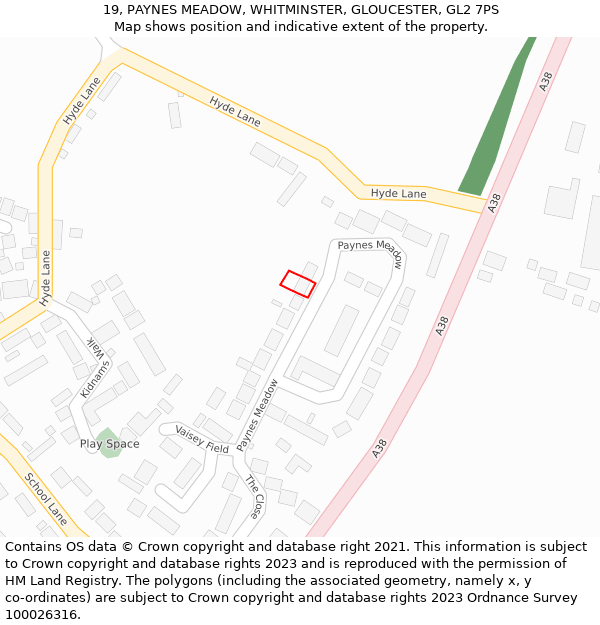 19, PAYNES MEADOW, WHITMINSTER, GLOUCESTER, GL2 7PS: Location map and indicative extent of plot