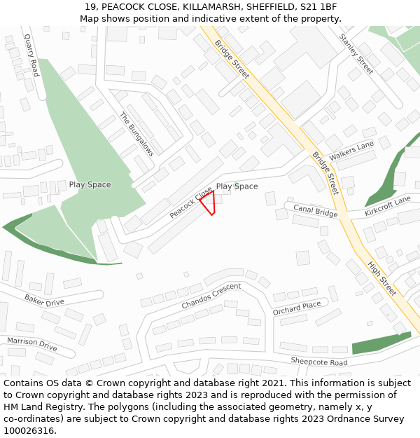 19, PEACOCK CLOSE, KILLAMARSH, SHEFFIELD, S21 1BF: Location map and indicative extent of plot