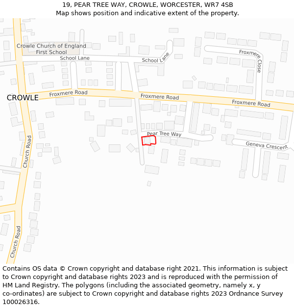 19, PEAR TREE WAY, CROWLE, WORCESTER, WR7 4SB: Location map and indicative extent of plot