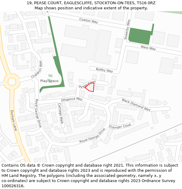 19, PEASE COURT, EAGLESCLIFFE, STOCKTON-ON-TEES, TS16 0RZ: Location map and indicative extent of plot