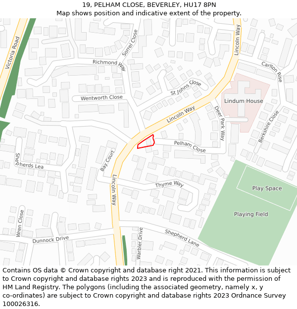 19, PELHAM CLOSE, BEVERLEY, HU17 8PN: Location map and indicative extent of plot