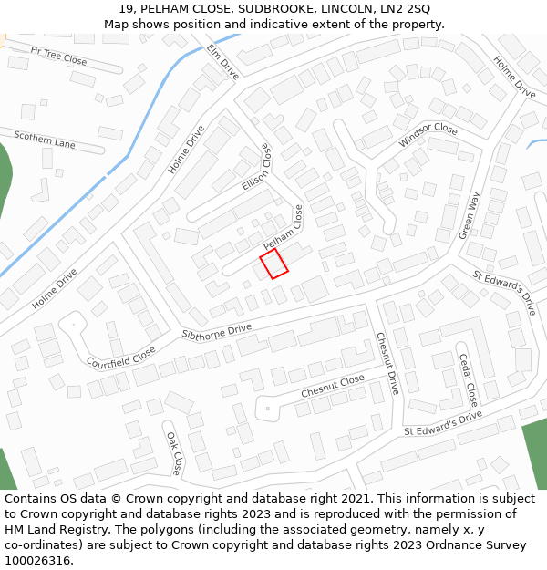 19, PELHAM CLOSE, SUDBROOKE, LINCOLN, LN2 2SQ: Location map and indicative extent of plot