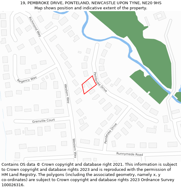 19, PEMBROKE DRIVE, PONTELAND, NEWCASTLE UPON TYNE, NE20 9HS: Location map and indicative extent of plot