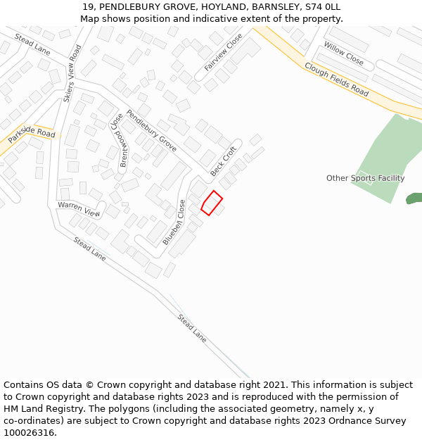 19, PENDLEBURY GROVE, HOYLAND, BARNSLEY, S74 0LL: Location map and indicative extent of plot