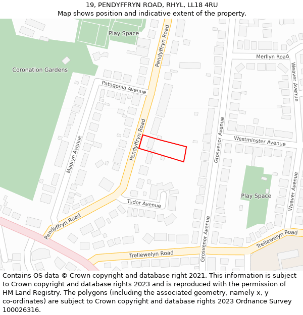 19, PENDYFFRYN ROAD, RHYL, LL18 4RU: Location map and indicative extent of plot