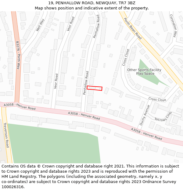 19, PENHALLOW ROAD, NEWQUAY, TR7 3BZ: Location map and indicative extent of plot