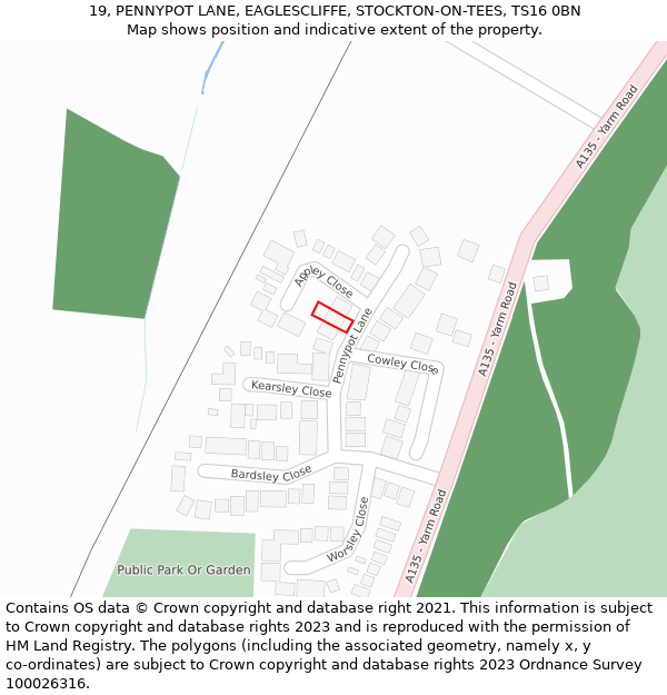 19, PENNYPOT LANE, EAGLESCLIFFE, STOCKTON-ON-TEES, TS16 0BN: Location map and indicative extent of plot