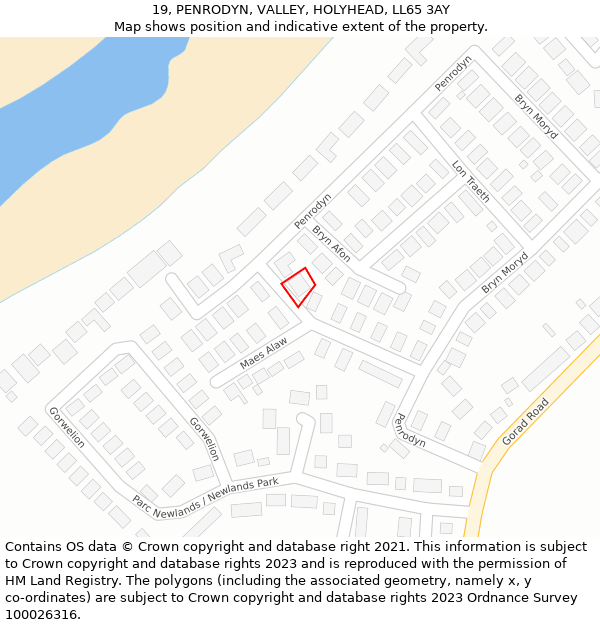 19, PENRODYN, VALLEY, HOLYHEAD, LL65 3AY: Location map and indicative extent of plot