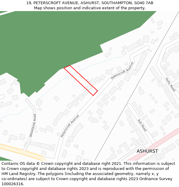 19, PETERSCROFT AVENUE, ASHURST, SOUTHAMPTON, SO40 7AB: Location map and indicative extent of plot