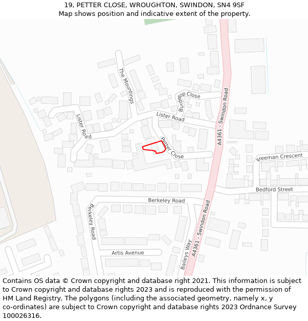 19, PETTER CLOSE, WROUGHTON, SWINDON, SN4 9SF: Location map and indicative extent of plot