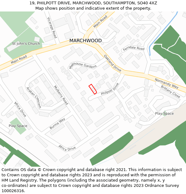 19, PHILPOTT DRIVE, MARCHWOOD, SOUTHAMPTON, SO40 4XZ: Location map and indicative extent of plot